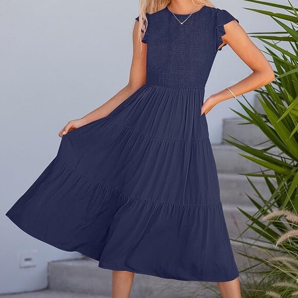 Women’s Smocked Crewneck Midi Dress – Effortless Boho Vibes - Picture 2 of 5